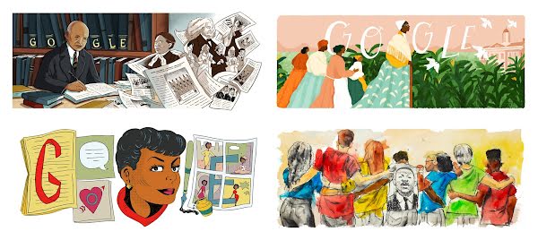 U.S. Google Doodles created in partnership with Black guest artists over the years. Starting at the top, from left to right: Carter G. Woodson (illustrated by Shannon Wright), Sojourner Truth (Loveis Wise), Jackie Ormes (Liz Montague), and Martin Luther King Jr. Day 2020 (Dr. Fahamu Pecou)