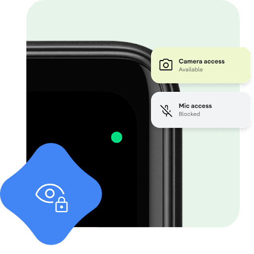 Android 手机右上角的特写，靠近屏幕角落处有一个绿色圆点。图片右侧的两个叠加图像分别显示“摄像头使用权限：已允许”和“麦克风使用权限：已禁用”。图片左下角还有一个带有锁符号的眼睛图标。