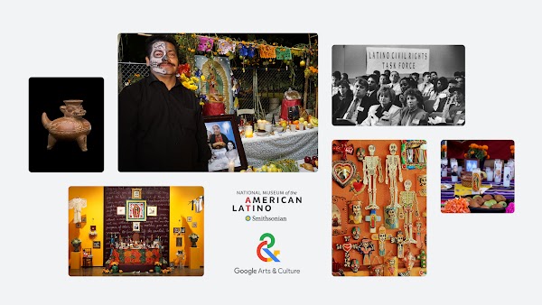 A collage with photos of Hispanic and Latino artifacts, memorials, artwork, and historic events.