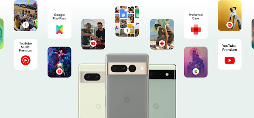 Three Pixel phones surrounded by icons for services included in Pixel Pass: Google One, YouTube Music Premium, Google Play Pass, YouTube Premium, and Preferred Care