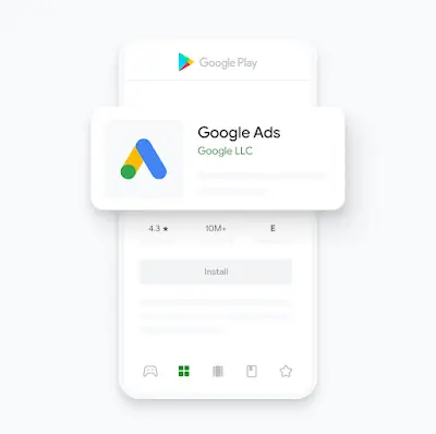 Illustration of the Google Ads mobile app in the Google Play store.