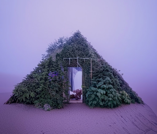 Una casa con sfondo viola