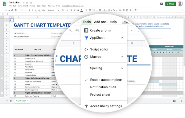 Tools dropdown with Appsheet within Google Sheets to build custom workflows 