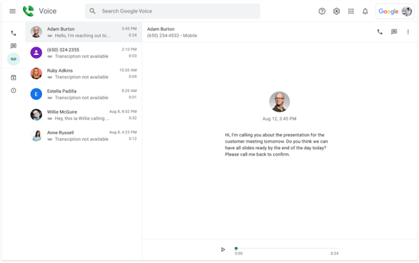 Voice UI featuring transcribed messages using Google AI.