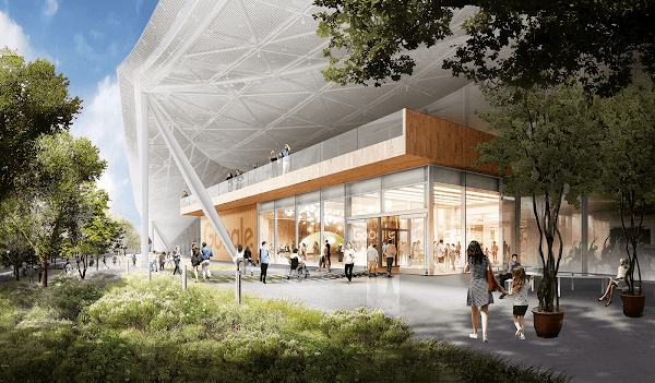 Rendering of public space at Gradient Canopy as community gathers in the courtyard.