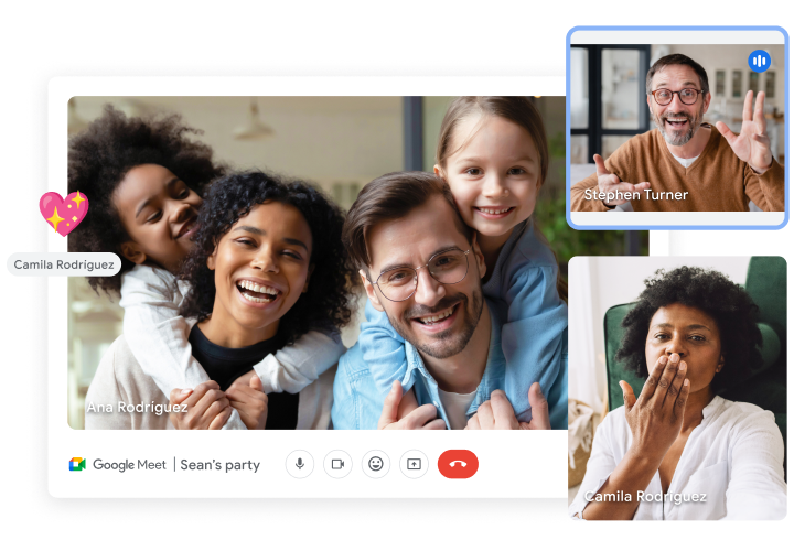 三个 Google Meet 视频通话窗口，显示了几个人正在参加虚拟聚会。
