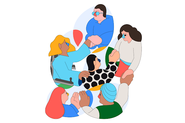 An illustration of six people each in their own bubble holding hands with others across the dividing lines