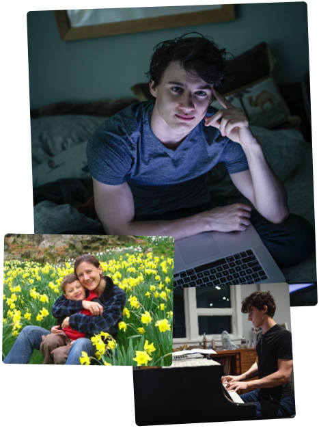 Visual collage featuring José growing up. From left to right:  Josés mom holding him as a baby in a field of flowers, Jose with his siblings at home, José playing piano, José working on his laptop in bed, Jose in graduation cap and gown.