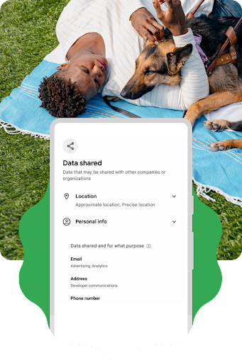 A person lies down on a blanket on the grass with their service dog. They use their Android phone. A graphic overlay of an Android phone outline is partially placed over the image. It contains details of data shared with apps, including location data and personal information. Along with a section that shows the purpose for which the data is shared.