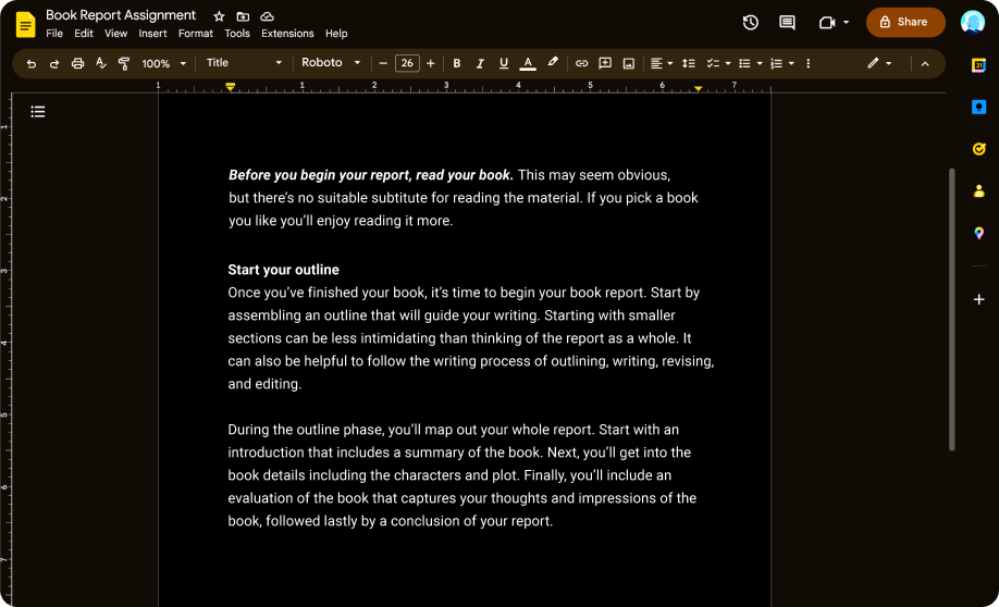 A Google doc in dark mode, with the background showing in black and the text showing in a clear white.