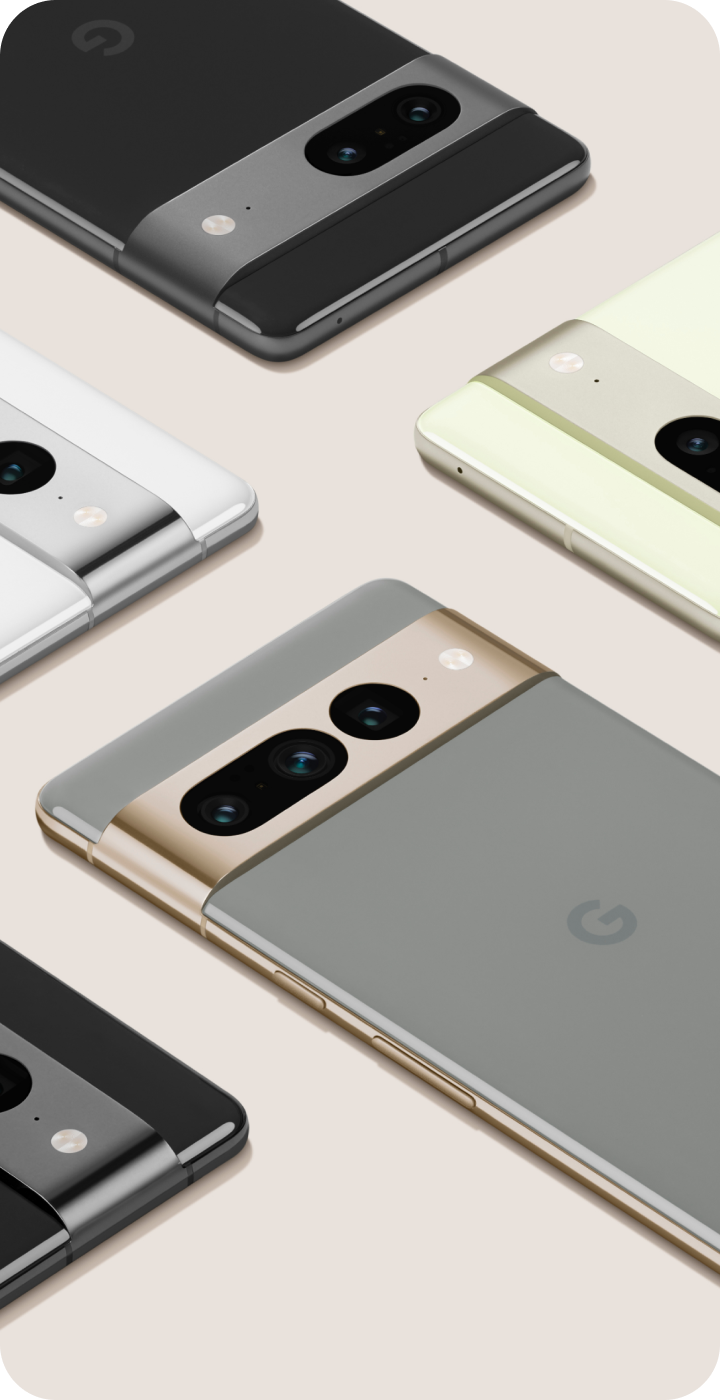 An array of Google Pixel phones in different colors. 