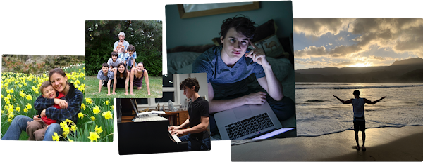 Visual collage featuring José growing up. From left to right:  Josés mom holding him as a baby in a field of flowers, Jose with his siblings at home, José playing piano, José working on his laptop in bed, Jose in graduation cap and gown.