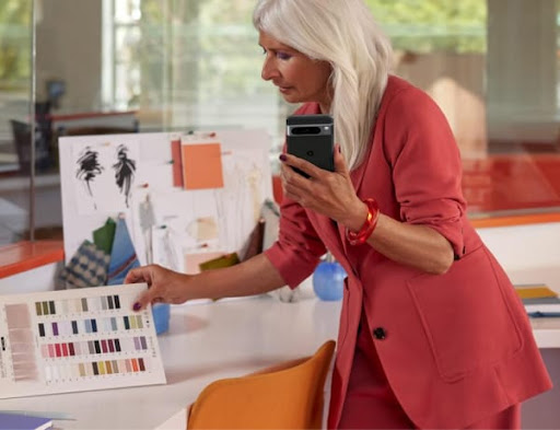 Woman working in her studio on her Pixel phone.