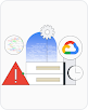 Logotipo de Google Cloud frente a un paisaje urbano con rascacielos animados