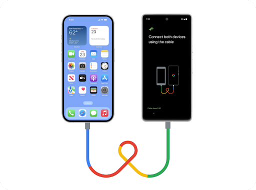 An iPhone and brand-new Android phone sit side by side, connected by a Lightning USB cord. Data is transferring easily from the iPhone to the new Android phone.