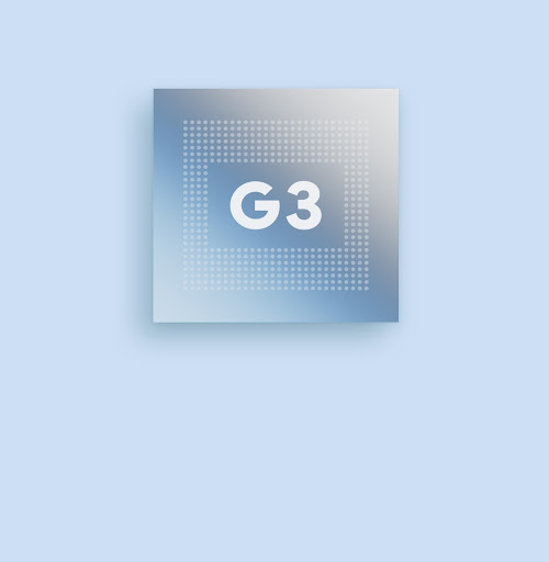 A macro shot of the Google Tensor G3 chip.