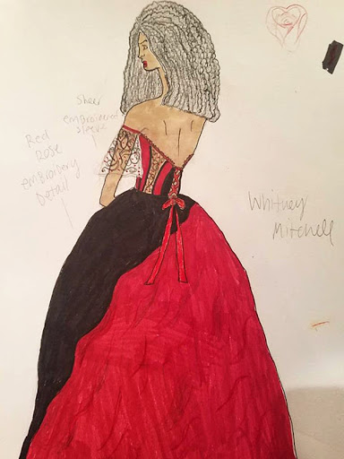 A fashion sketch of the back of a black and red ballgown with a corset bow. Notes in pencil are scattered around the drawing.