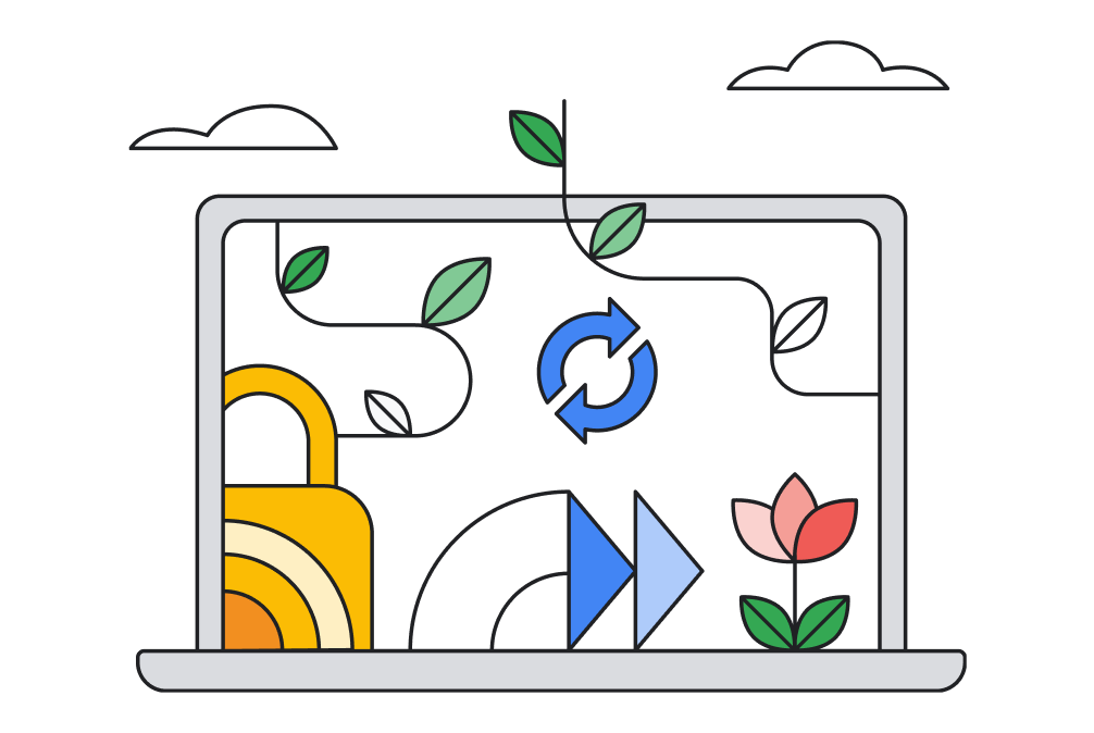 An illustration of a Chromebook with a flower and a recycle logo drawn on it.
