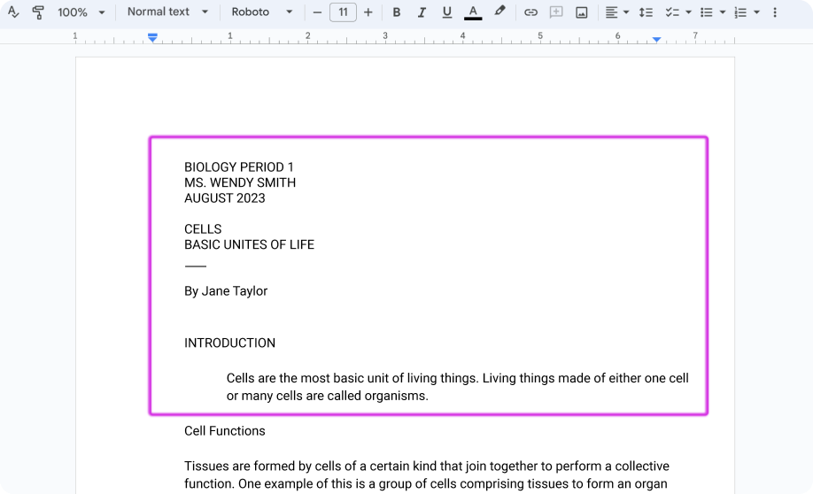 A Google Doc with a section of text selected to be read aloud.