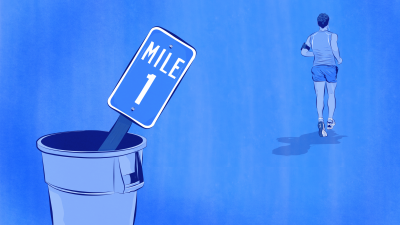 An illustration of a runner passing a garbage can. Inside the can is a one mile marker sign.