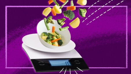 illustration of a kitchen scale with veggies floating in the air on purple background