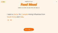 A screenshot of the Food Mood tool with choices selected for creating a starter recipe for two people mixing South Korean and Indian cuisine
