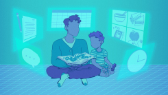 An illustration of a parent and child sitting together on the floor reading a book and surrounded by virtual graphic displays representing AI apps