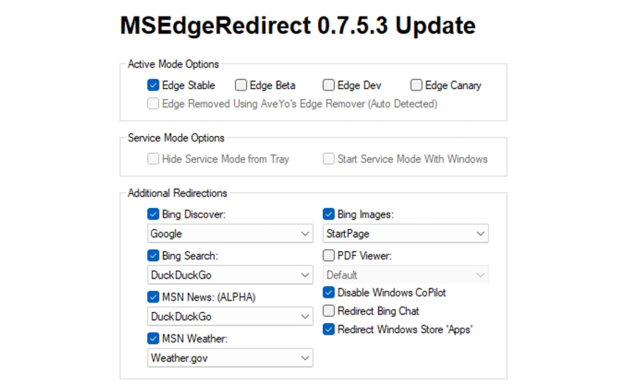 A screenshot of MSEdgeRedirect's settings.