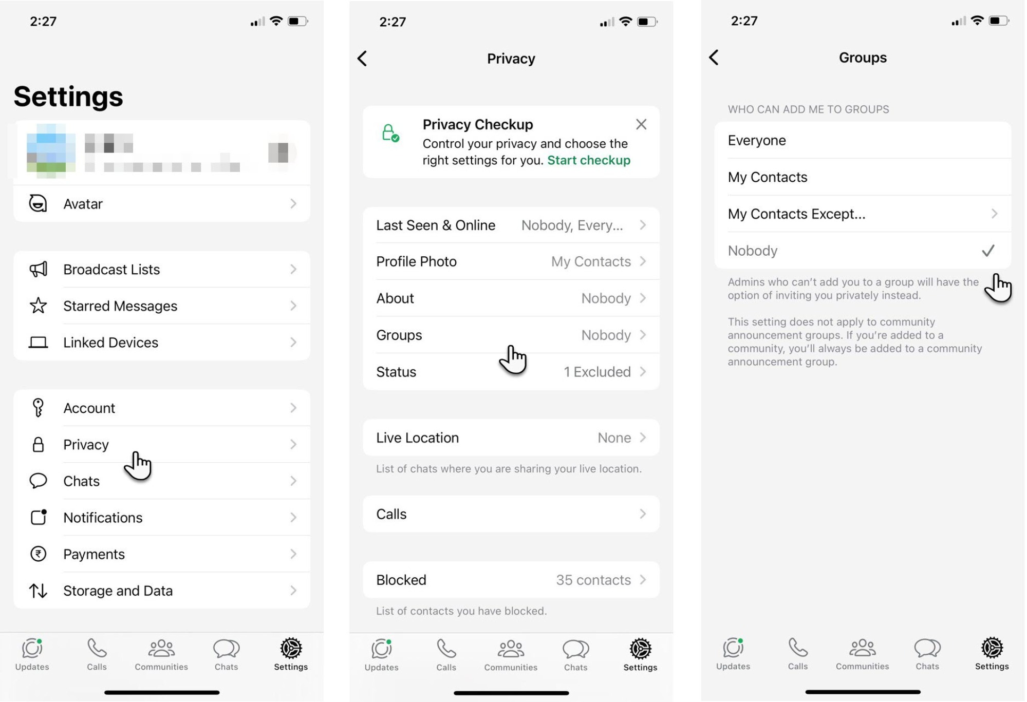 WhatsApp for iOS group privacy settings showng the "Nobody" option