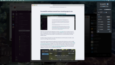 A screenshot of a Mac desktop. The center window, which is the only one not dimmed, is an early draft of this article. There are some dimmed windows behind it. The menu bar icon for the application shows a variety of potential background sounds.