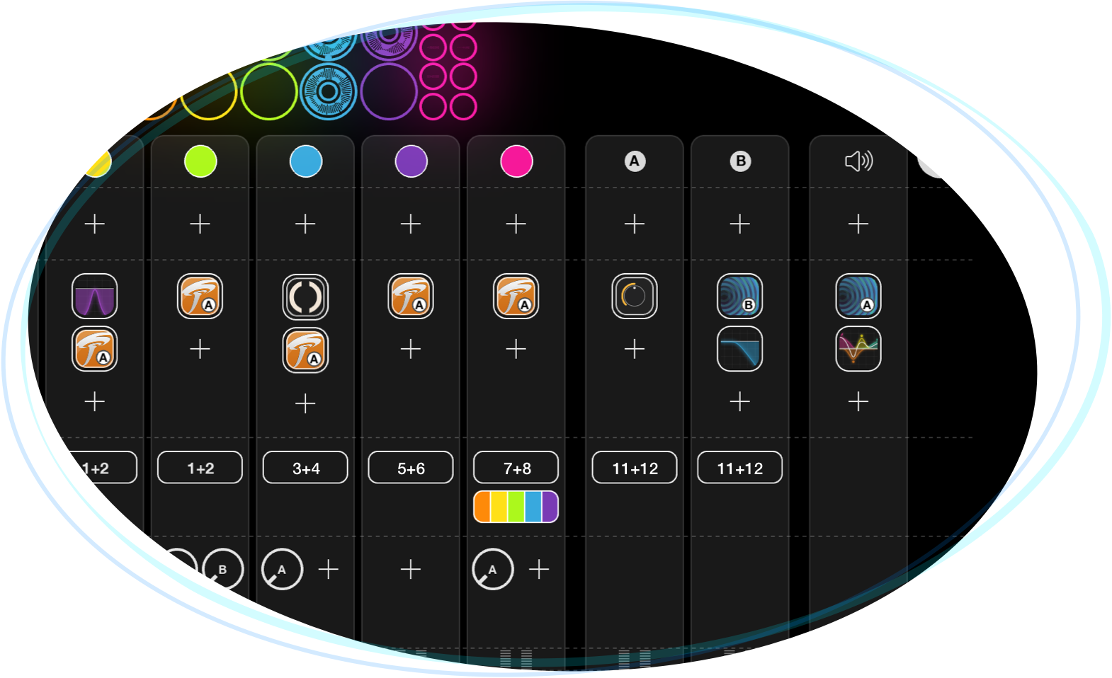 Loopy Pro screenshot showing mixer with audio unit/AUv3/VST effects, sends and buses