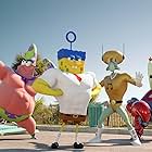 Patrick Star (as Mr. Superawesomeness), SpongeBob SquarePants (as The Invincibubble), Squidward Tentacles (as Sour Note), and Mr. Krabs (as Sir Pinch-A-Lot), in SPONGEBOB: SPONGE OUT OF WATER, from Paramount Pictures and Nickelodeon Movies.