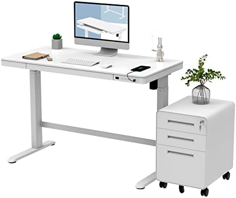 FLEXISPOT Comhar Electric Standing Desk with White Cabinet, Height Adjustable 48" Whole-Piece Quick Install Home Office Table with Storage Drawer Charging USB A to C Port (White Top + Frame)