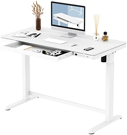 FLEXISPOT Comhar Electric Standing Desk with Drawers Charging USB A to C Port, Height Adjustable 48" Whole-Piece Quick Install Home Office Computer Laptop Table with Storage (White Top + Frame)