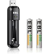 EBL Smart AAAA Battery Charger with 2 Counts 400mAh Rechargeable AAAA Batteries - High Capacity N...