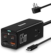 Baseus PowerCombo 65W, USB C Charger, All-in-One GaN3 USB C Charging Station with 2 Outlets Exten...