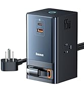 USB C Charger Baseus PowerCombo 65W, 6-in1 Charging Station with Retractable USB-C Cable, 3 Outle...