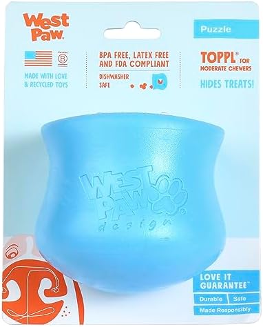 West Paw Zogoflex Toppl Treat Dispensing Dog Toy Puzzle – Interactive Chew Toys for Dogs – Dog Toy for Moderate Chewers, Fetch, Catch – Holds Kibble, Treats, Large 4", Aqua Blue