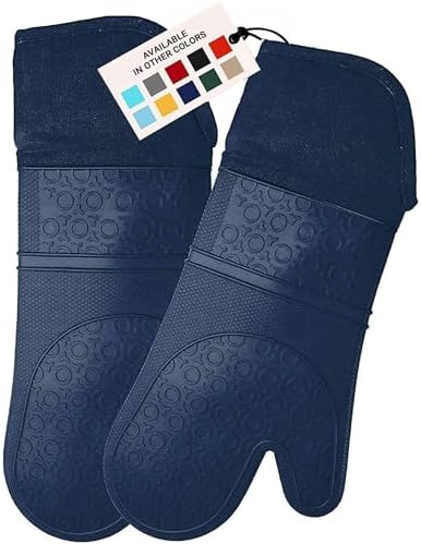 HOMWE Extra Long Professional Silicone Oven Mitt, Oven Mitts with Quilted Liner, Heat Resistant Pot Holders, Flexible Oven Gloves, Navy Blue, 1 Pair, 14.7 Inch