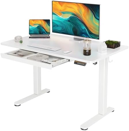 YDN Standing Desk with Drawers, 48 x 24 Inch Adjustable Height Stand Up Desk, Electric Sit Stand Computer Desk for Home Office, White