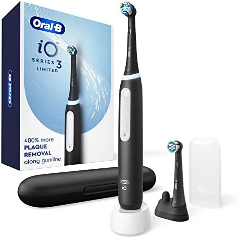 Oral-B iO Series 3 Limited Rechargeable Electric Powered Toothbrush, Black with 2 Brush Heads and Travel Case - Visible Pressure Sensor to Protect Gums - 3 Modes - 2 Minute Timer