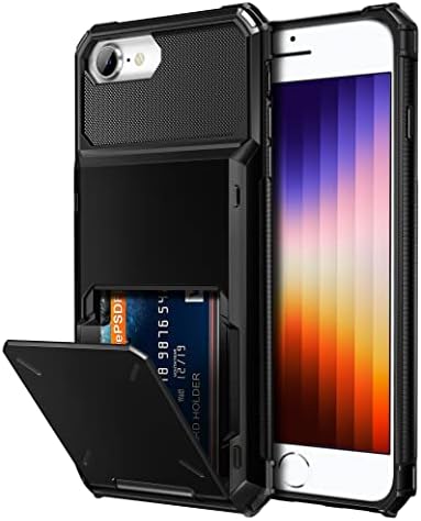 Vofolen for iPhone SE Case 2022 Credit Card Holder ID Slot Pocket Dual Layer Protective Bumper Rugged TPU Rubber Armor Hard Shell Cover for iPhone SE3 Black