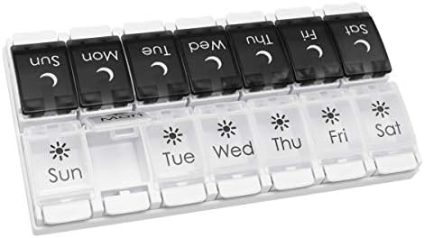 EZY DOSE Push Button (7-Day) Pill Case, Medicine Planner, Vitamin Organizer, 2 Times a Day AM/PM, Removeabale Trays, Large Compartments, Arthritis Friendly, Black and White Lids, BPA Free