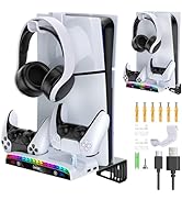 RGB Wall Mount for PS5 Slim/PS5 Game Console with Charging Station - Stable Metal Stand with Cont...