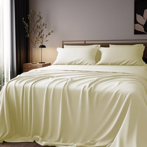 JSELF Bamboo Viscose Sheets Queen Size Bed Sheets Set 4 Pcs - 100% Organic Bamboo Viscose, 400 Thread Count Percale Luxuriously Soft Cooling & Breathable Double Stitching, 16” Deep Pocket - Warm Cream