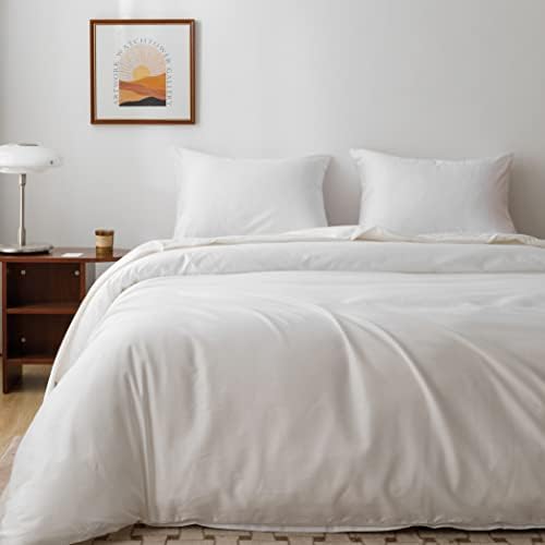 HeimenAogo Egyptian Cotton Duvet Cover Queen Size Sateen Weave, Silky Soft and Breathable Bedding Set with Zipper Closure, Long Staple Cotton Bed Linen Pure White 3Pcs (90"×90")