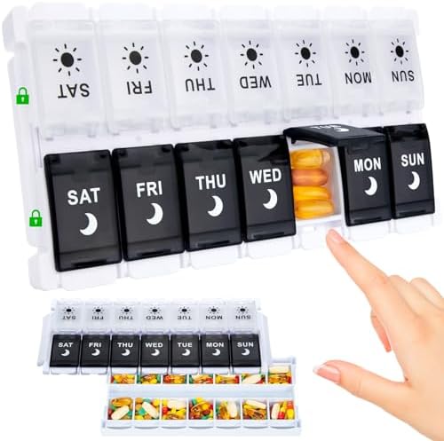 7 Day Pill Organizer 2 Times A Day-Weekly/ Daily Pill Box / Holder, Am Pm Easy Fill & Push Button Case, 2 in 1 Design,Large Compartment, 14 Day for Fish Oil/Supplements