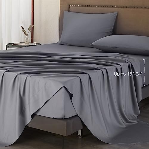 Ivellow Deep Pocket Queen Sheets, Rayon Derived from Bamboo, Extra Deep Pocket up to 18"-24", Hotel Luxury Cooling Sheets for Queen Size Bed, Silky Soft, Smooth, Breathable Bed Sheets Grey