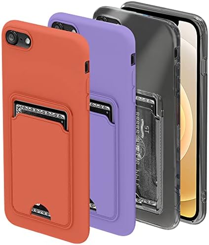 MIDOLA 3PCS Silicon Gel Case for iPhone 7/8/SE (2020) with Card Holder Shockproof Slim Protective Purse 6.1 Inch (Kumquat, Lavender Purple, Transparent)