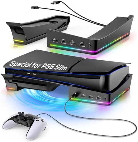 Horizontal Stand with RGB Light for PS5 Slim, Laydown Base Holder for Playstation 5 Slim Disc/Digital Edition with 14 Colorful Light & 4 USB Port, Stable Bracket for PS5 Slim Accessories (Black)
